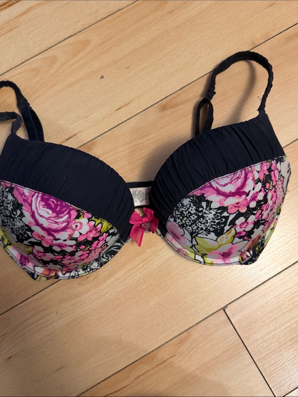Floral Underwire Push-Up Bra - Black & Pink